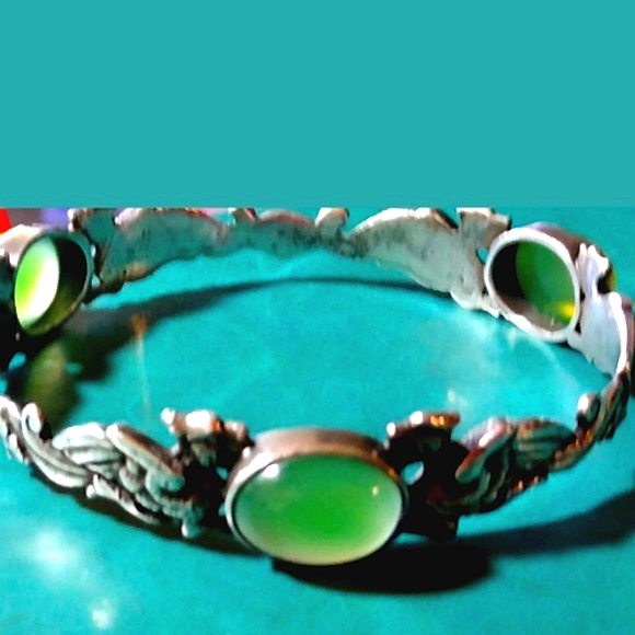 Antique Griffin Griphon Cuff Bracelet Peruzzi Sterling Silver CHRYSOPRASE 925. - Picture 6 of 9